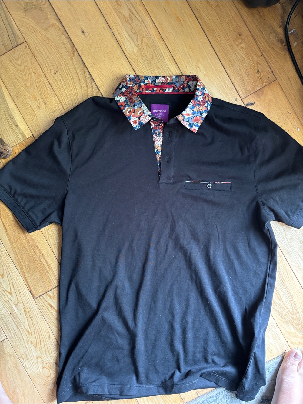 Simons Black Polo with Floral Trim Collar